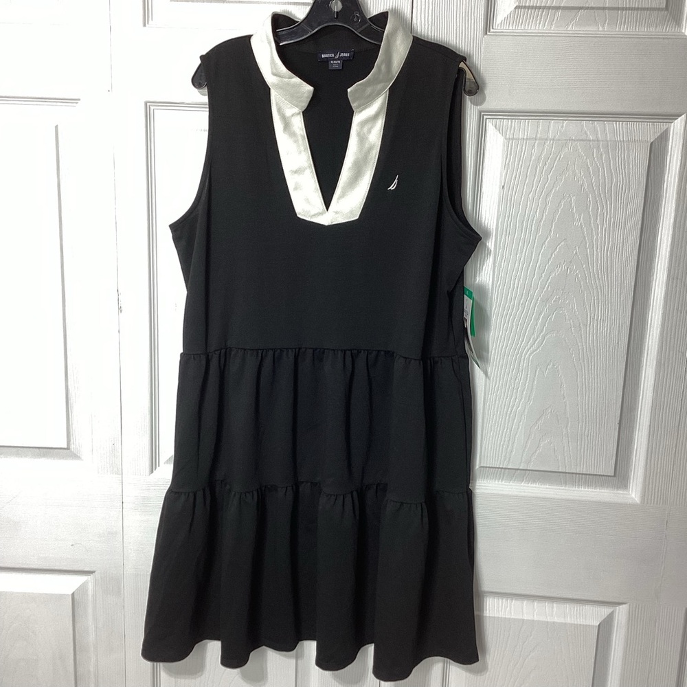 Nautica Black Tiered Sleeveless Dress with White Polo Collar NWT Size XL